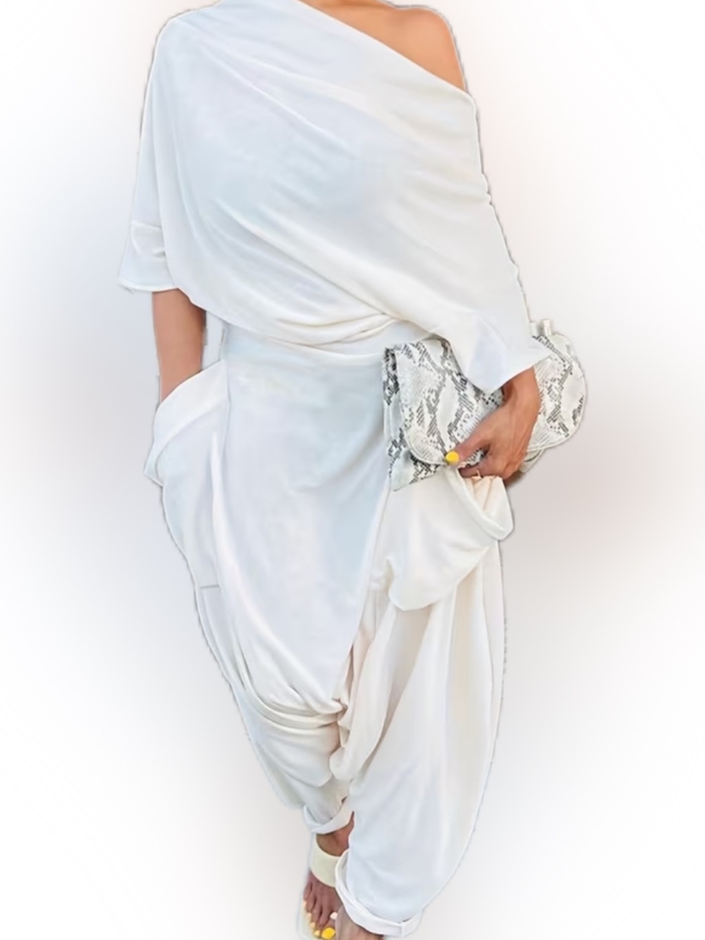 SHEIN White Off-Shoulder Draped Haram Jumpsuit